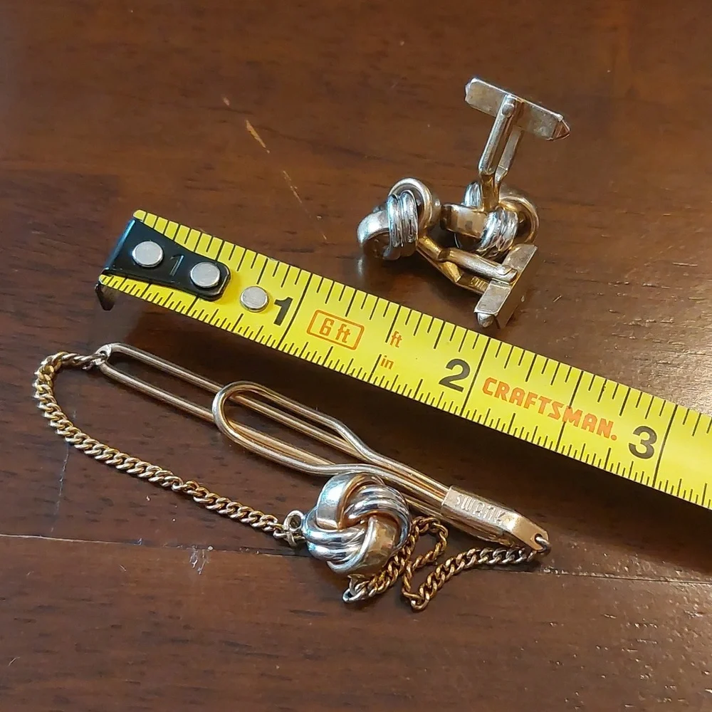 SWANK Gold Silver Two Tone Knot Design Tie Bar and Cufflinks Set Vintage
